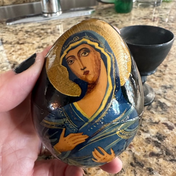 Russian Accents Antique Russian Virgin Mary Faberge Egg On Stand